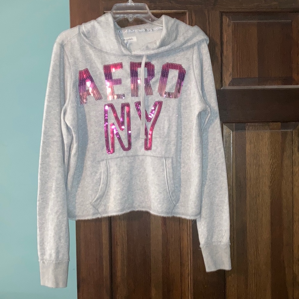 Size Large, Gray Aeropostale Hoodie w/ Fuchsia Pink Sequined Letters EUC